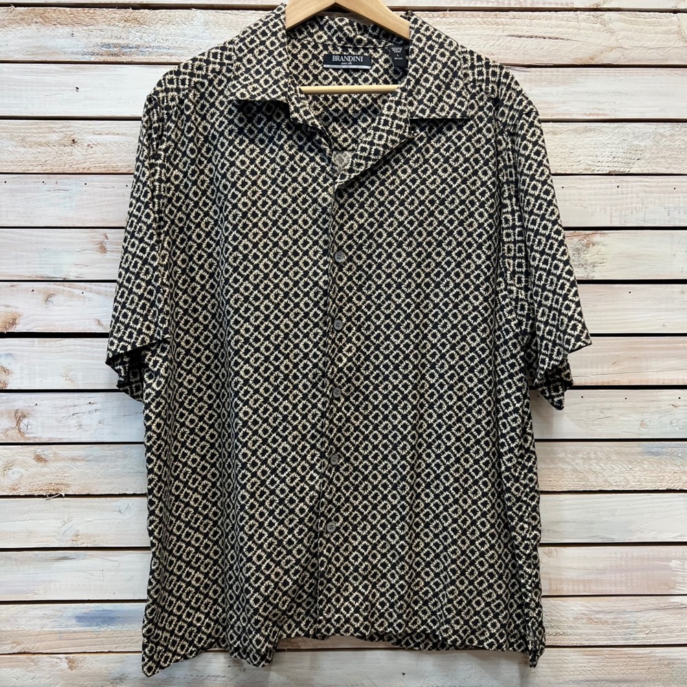 Brandini Black Tan 100% Silk Short Sleeve Button Down Geometric Shirt Large